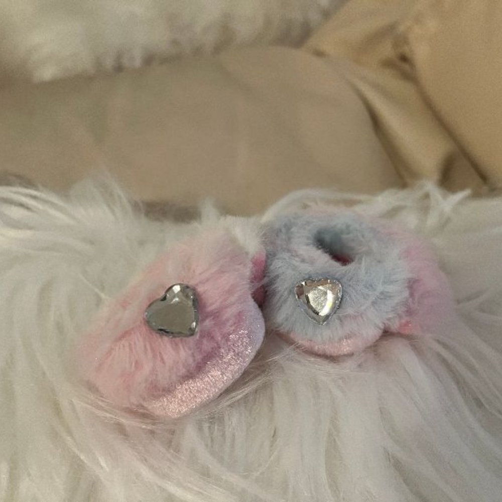 Pastel Goth Rainbow faux fur rhinestone heart slap bracelet cuff NEW SET OF 2